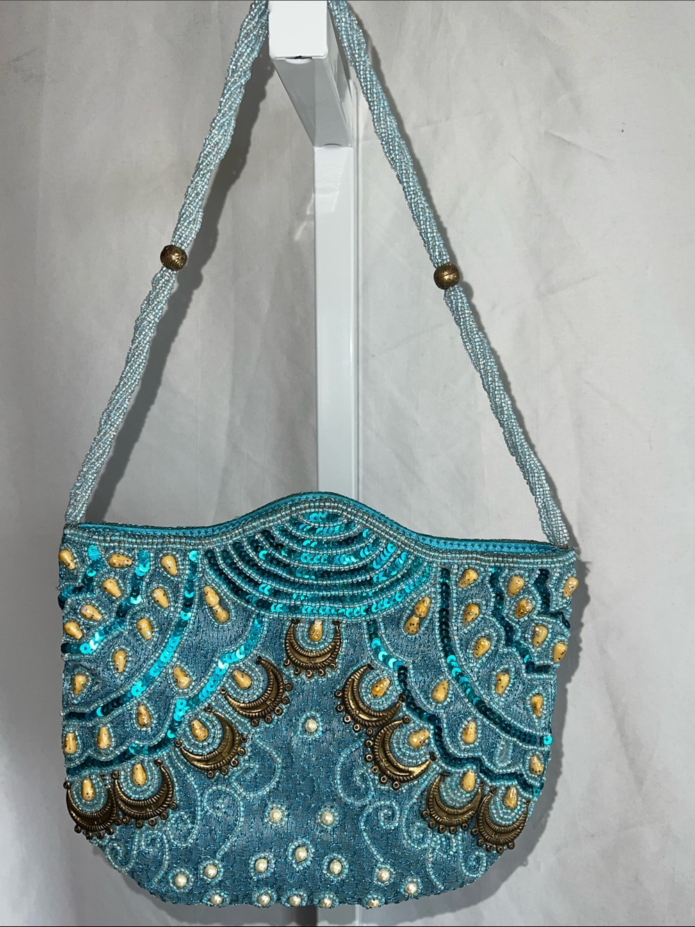 Embellished Vintage Turquoise Sequin Shoulder Bag Peacock Design Beaded Strap